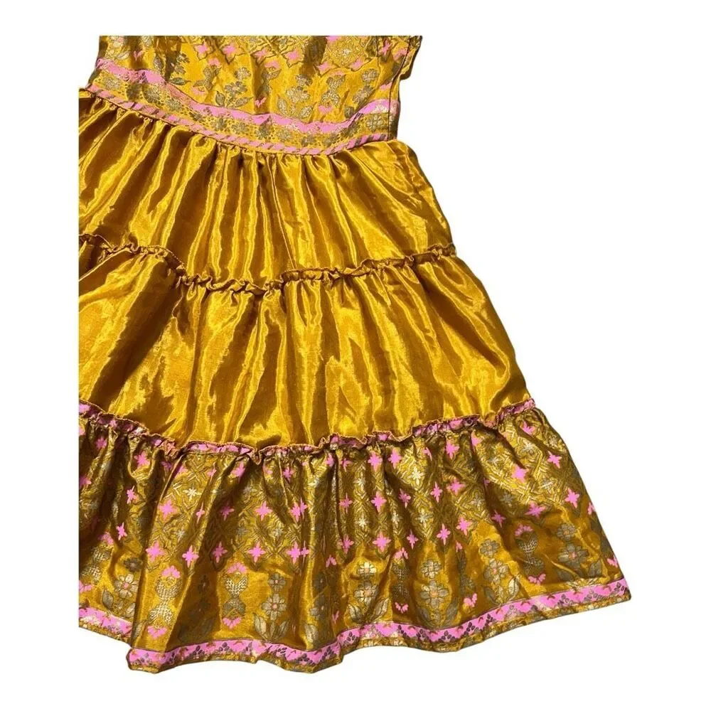 Biba Girls Golden Yellow Floral Dress Size 4-5 Yrs Sleeveless Ruffle Sundress